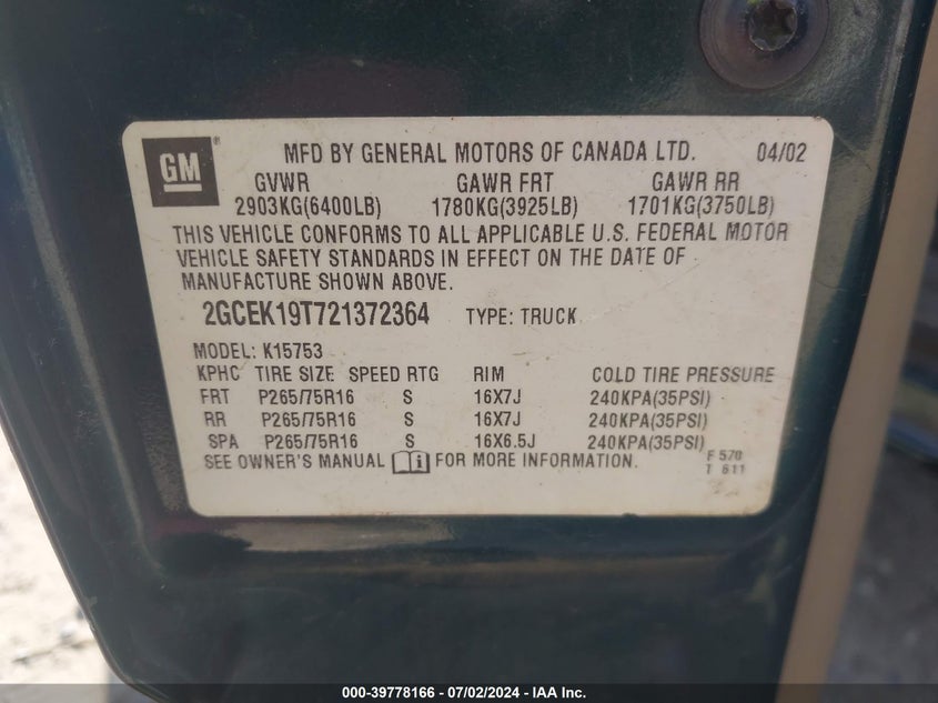 2002 Chevrolet Silverado K1500 VIN: 2GCEK19T721372364 Lot: 39778166