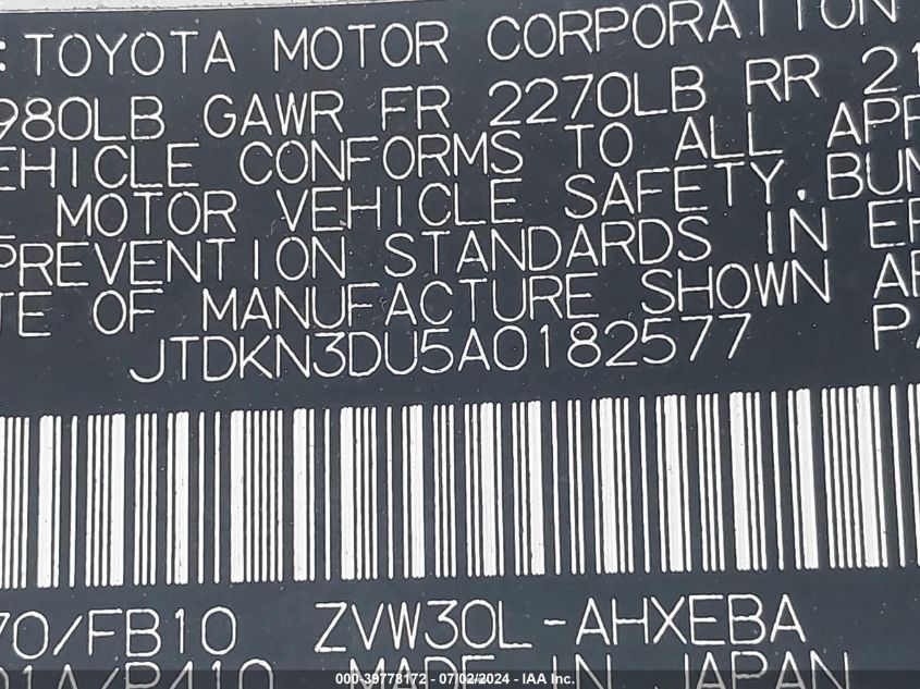 2010 Toyota Prius VIN: JTDKN3DU5A0182577 Lot: 39778172