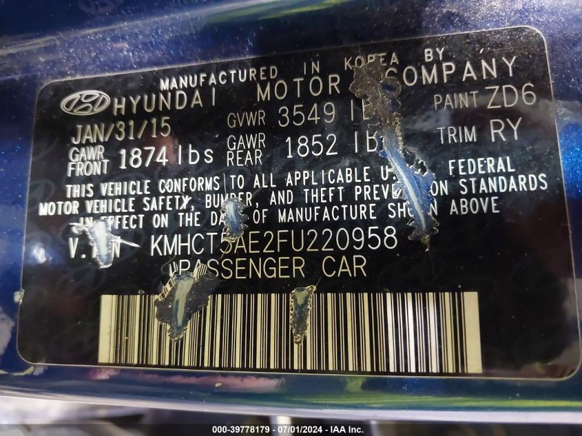 2015 Hyundai Accent Gs VIN: KMHCT5AE2FU220958 Lot: 39778179