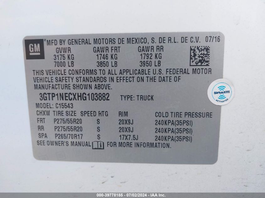 2017 GMC Sierra C1500 Slt VIN: 3GTP1NECXHG103882 Lot: 39778185