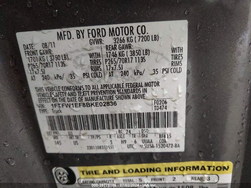 2011 Ford F150 Supercrew VIN: 1FTFW1EF8BKE02836 Lot: 39778186