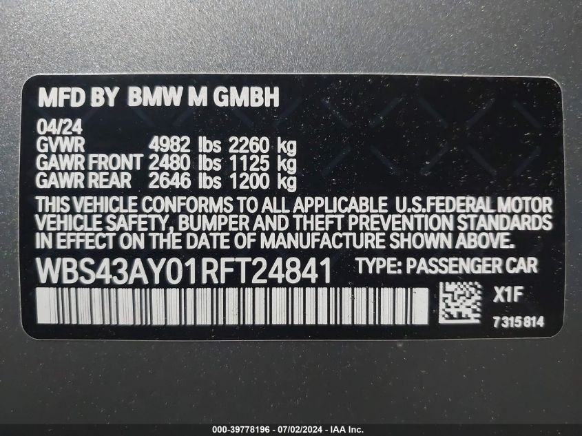 2024 BMW M3 Competition xDrive VIN: WBS43AY01RFT24841 Lot: 39778196