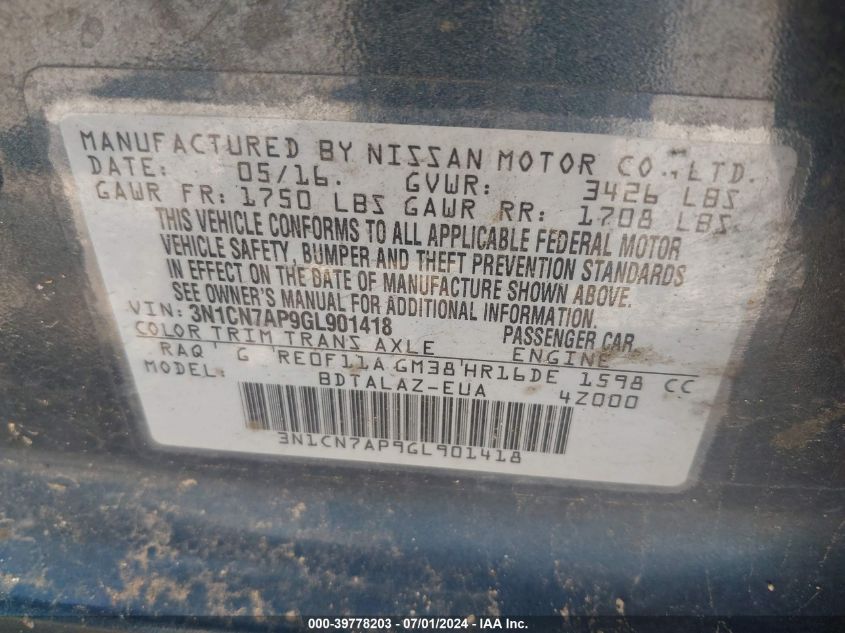 2016 Nissan Versa 1.6 S+ VIN: 3N1CN7AP9GL901418 Lot: 39778203