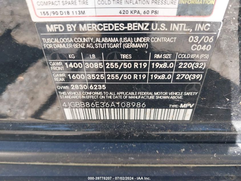 2006 Mercedes-Benz Ml 350 4Matic VIN: 4JGBB86E36A108986 Lot: 39778207