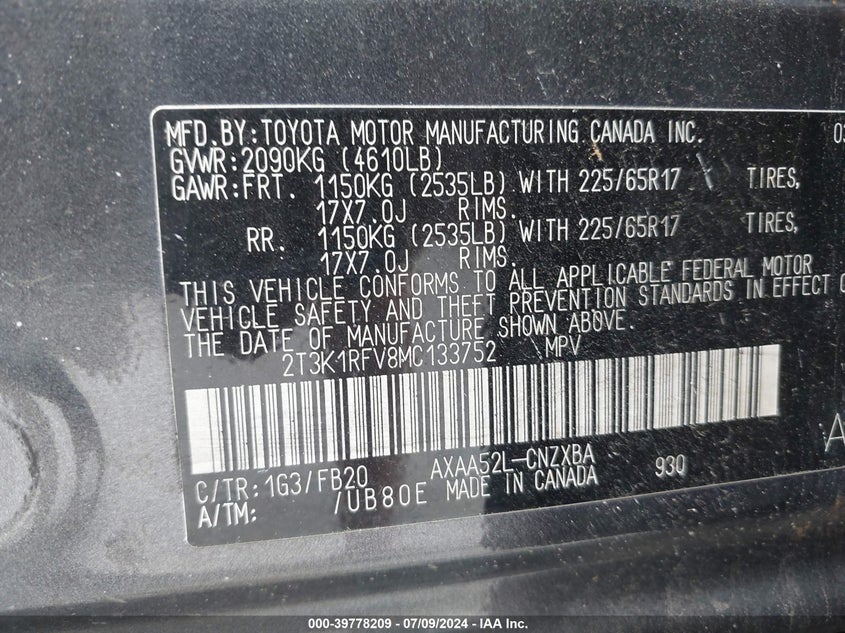 2021 TOYOTA RAV4 LE - 2T3K1RFV8MC133752