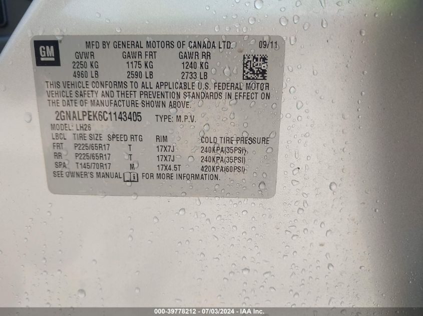 2012 Chevrolet Equinox Lt VIN: 2GNALPEK6C1143405 Lot: 39778212