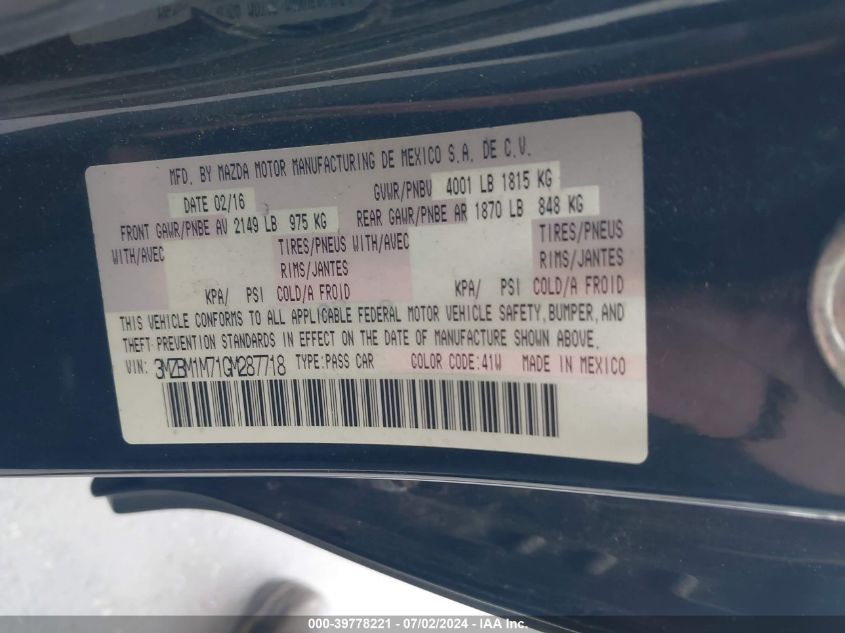 2016 Mazda Mazda3 Touring VIN: 3MZBM1M71GM287718 Lot: 39778221