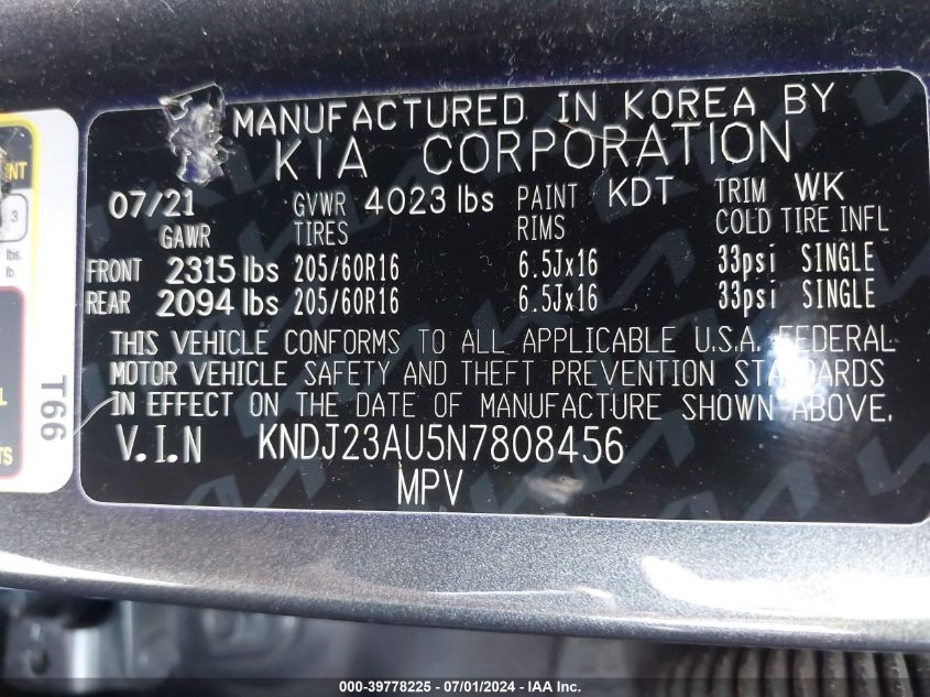 2022 Kia Soul Lx VIN: KNDJ23AU5N7808456 Lot: 39778225