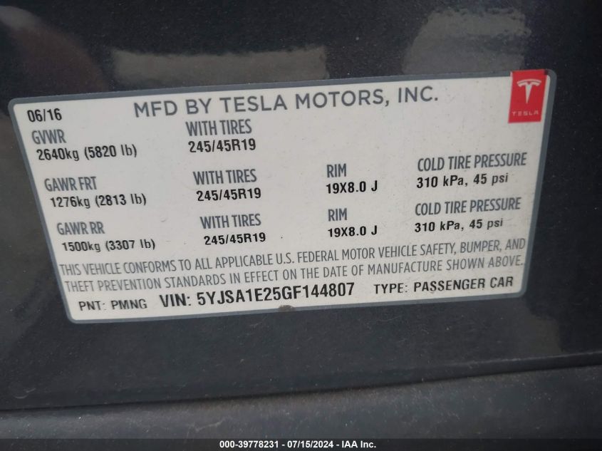 2016 Tesla Model S 60D/70D/75D/85D/90D VIN: 5YJSA1E25GF144807 Lot: 39778231