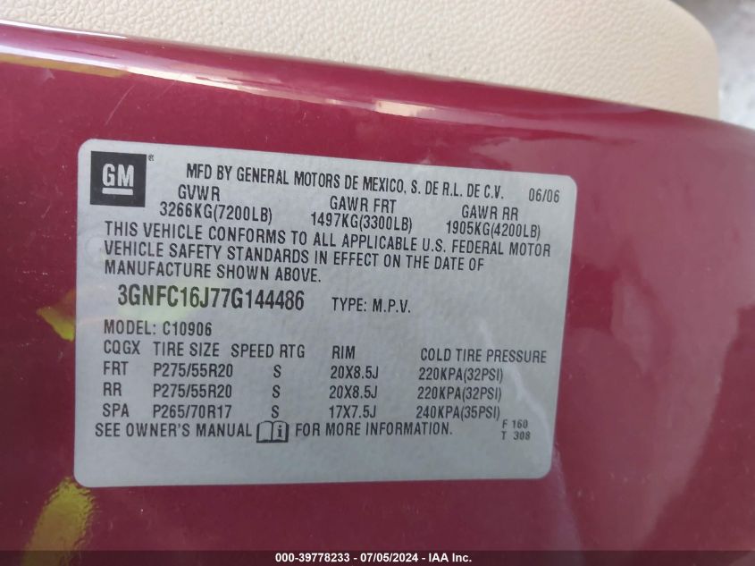 2007 Chevrolet Suburban 1500 Lt VIN: 3GNFC16J77G144486 Lot: 39778233