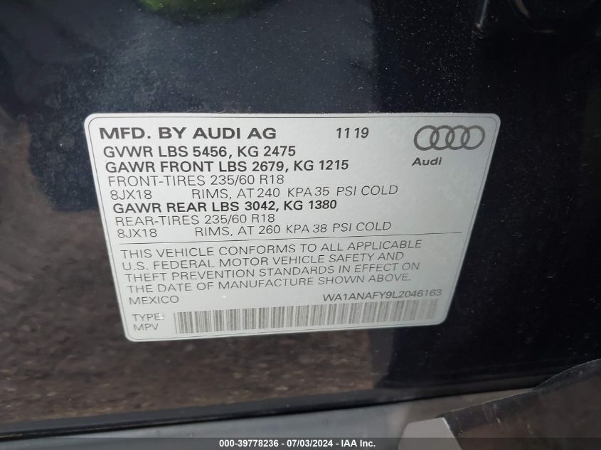 2020 Audi Q5 Premium 45 Tfsi Quattro S Tronic VIN: WA1ANAFY9L2046163 Lot: 39778236