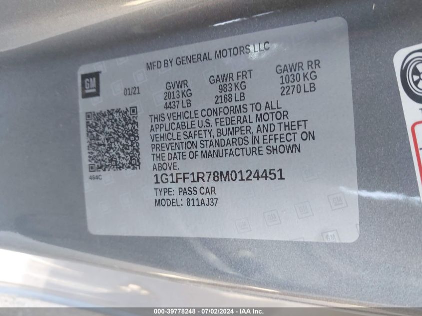2021 Chevrolet Camaro VIN: 1G1FF1R78M0124451 Lot: 39778248