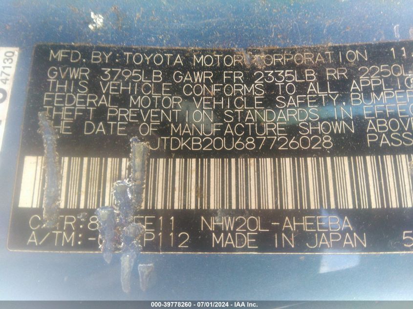 2008 Toyota Prius VIN: JTDKB20U687726028 Lot: 39778260