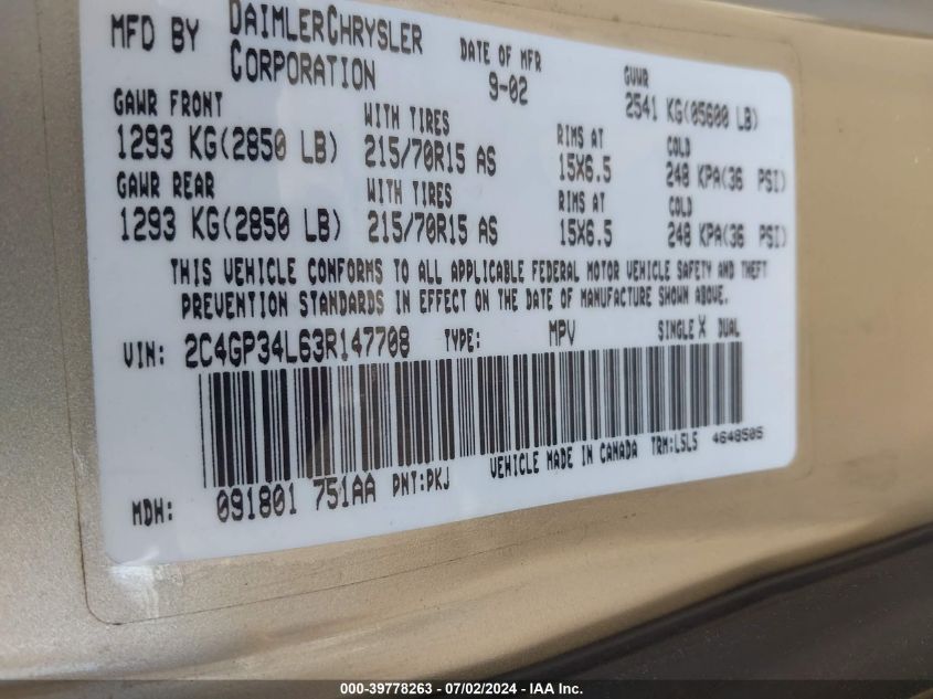 2003 Chrysler Town & Country El VIN: 2C4GP34L63R147708 Lot: 39778263