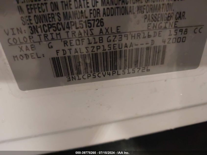 2023 Nissan Kicks Sv Xtronic Cvt VIN: 3N1CP5CV4PL515726 Lot: 39778265