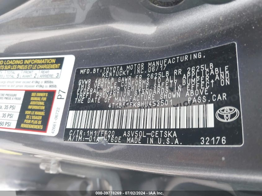 4T1BF1FK8HU453501 2017 Toyota Camry Se