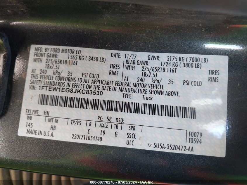 2018 Ford F150 Supercrew VIN: 1FTEW1EG8JKC83530 Lot: 39778278
