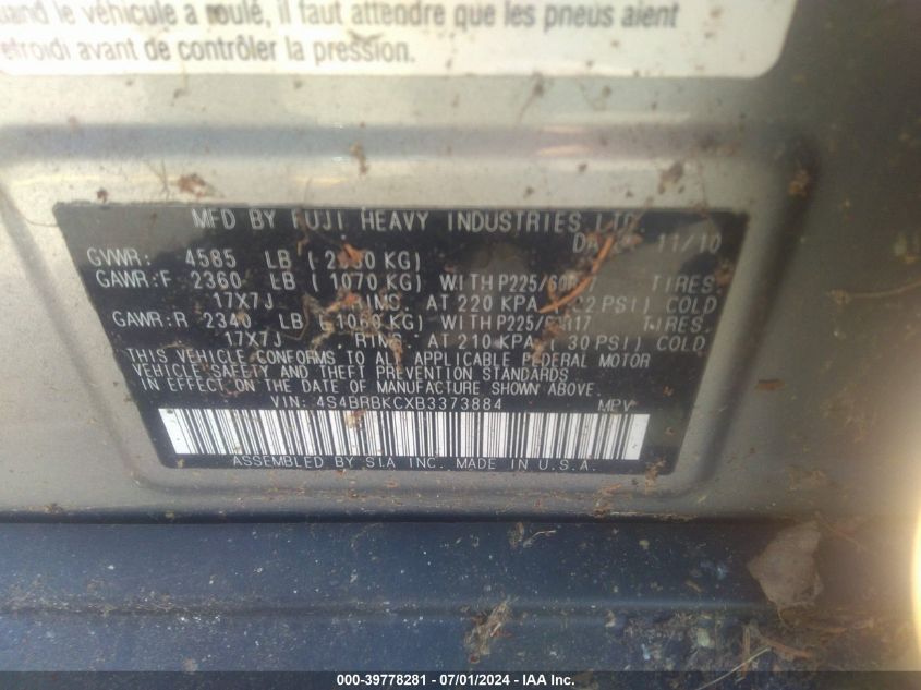 2011 Subaru Outback 2.5I Limited VIN: 4S4BRBKCXB3373884 Lot: 39778281