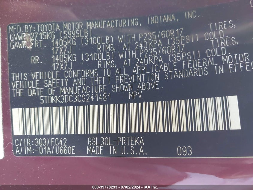 2012 Toyota Sienna Le V6 8 Passenger VIN: 5TDKK3DC3CS241481 Lot: 39778293