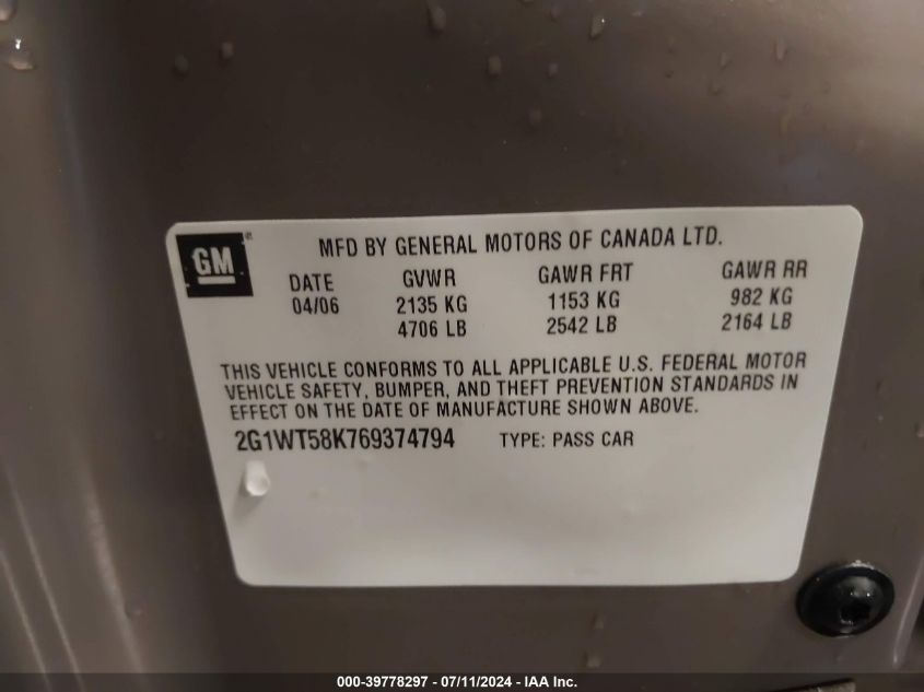 2006 Chevrolet Impala Lt VIN: 2G1WT58K769374794 Lot: 39778297