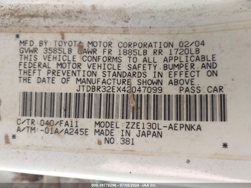 2004 Toyota Corolla Le VIN: JTDBR32EX42047099 Lot: 39778296