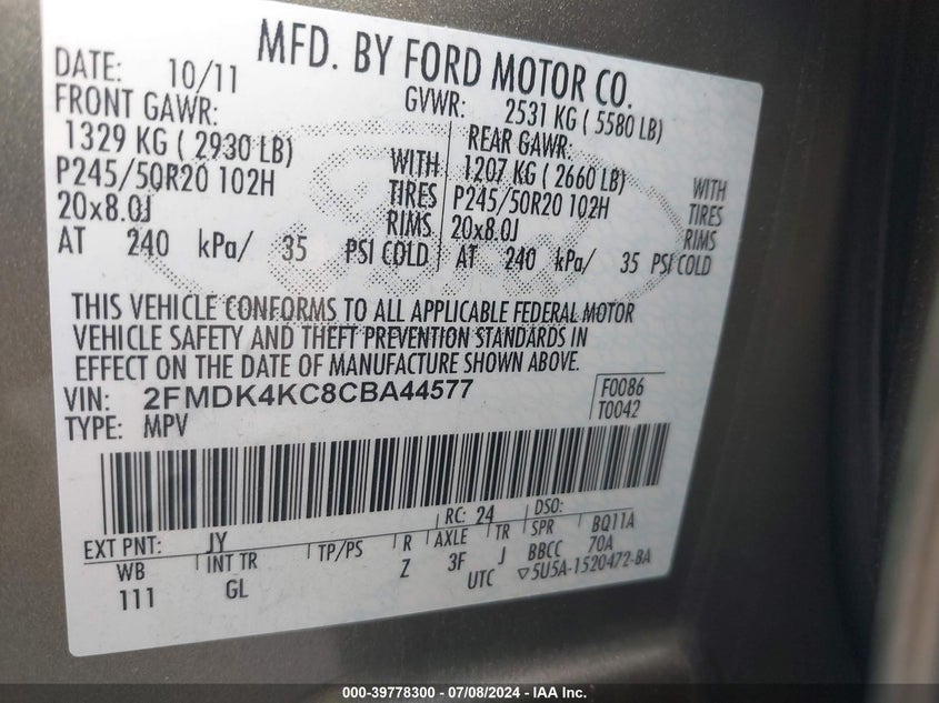 2012 Ford Edge Limited VIN: 2FMDK4KC8CBA44577 Lot: 39778300