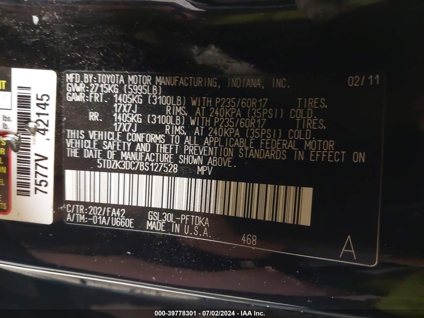 2011 Toyota Sienna Base V6 VIN: 5TDZK3DC7BS127528 Lot: 39778301