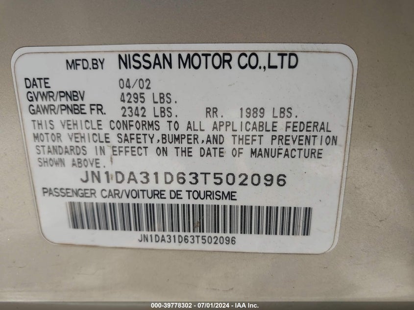2003 Nissan Maxima Se VIN: JN1DA31D63T502096 Lot: 39778302