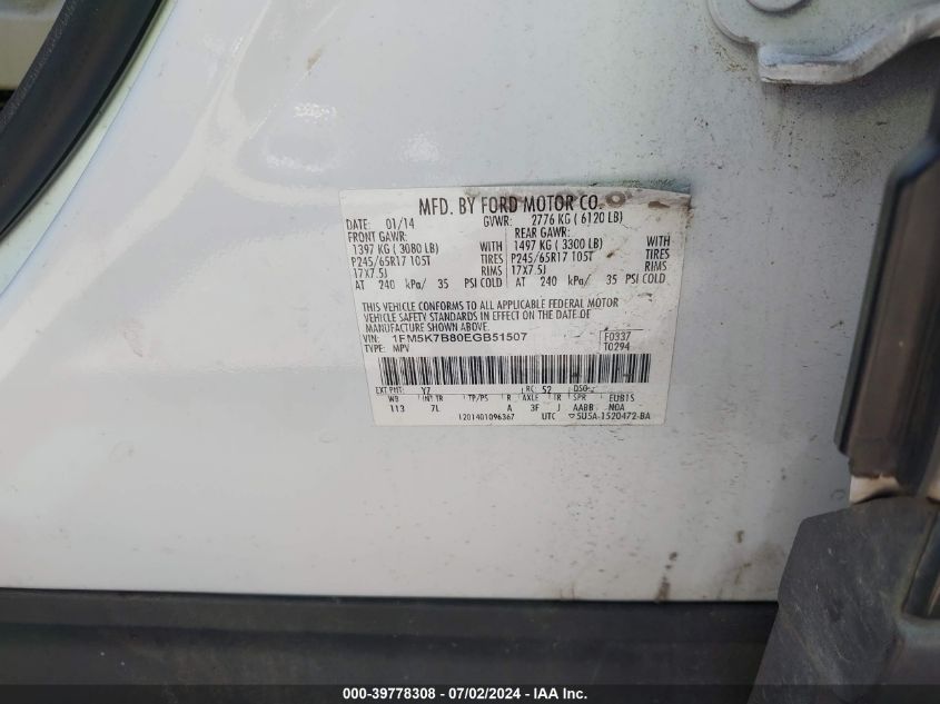 2014 Ford Explorer VIN: 1FM5K7B80EGB51507 Lot: 39778308