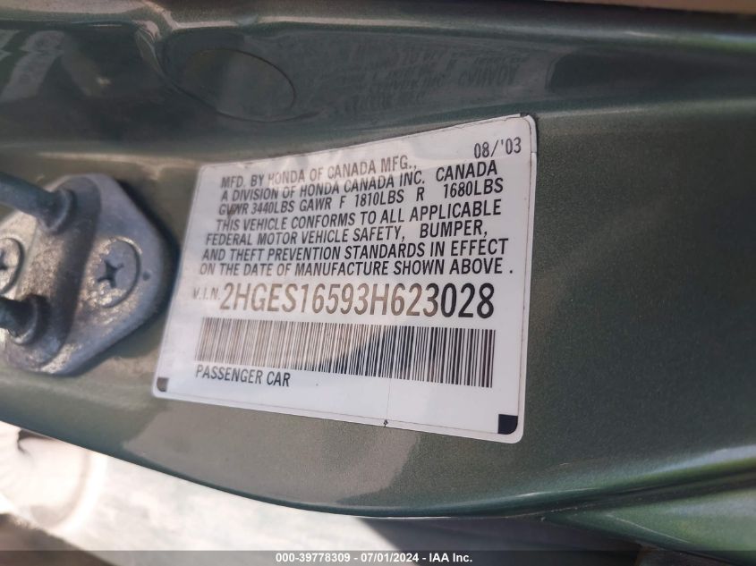 2003 Honda Civic Lx VIN: 2HGES16593H623028 Lot: 39778309
