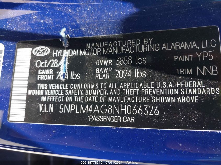 2022 Hyundai Elantra Sel VIN: 5NPLM4AG8NH066326 Lot: 39778310