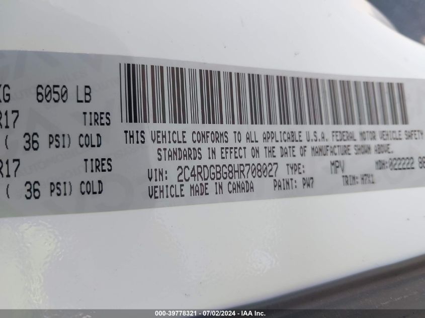 2017 Dodge Grand Caravan Se VIN: 2C4RDGBG8HR708027 Lot: 39778321