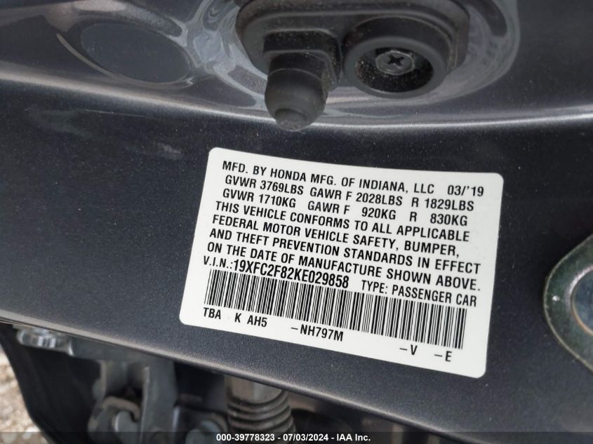 VIN 19XFC2F82KE029858 2019 HONDA CIVIC SPORT