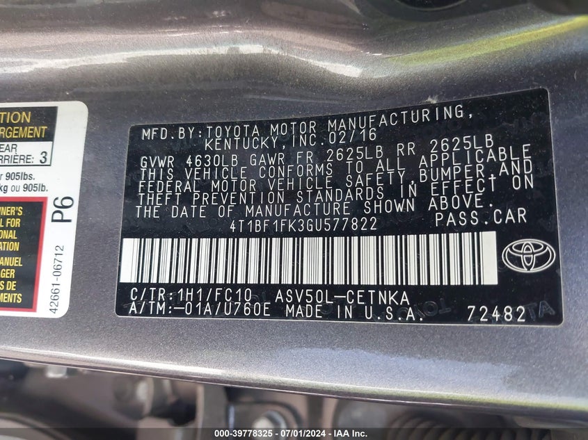 2016 Toyota Camry Le VIN: 4T1BF1FK3GU577822 Lot: 39778325