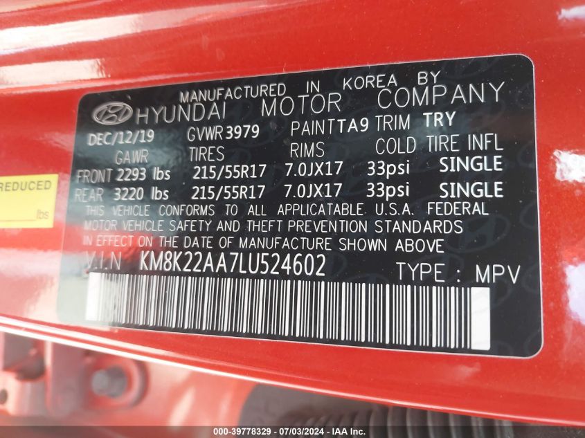 2020 HYUNDAI KONA SEL - KM8K22AA7LU524602