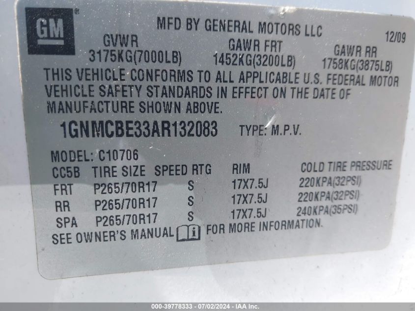 2010 Chevrolet Tahoe Lt VIN: 1GNMCBE33AR132083 Lot: 39778333