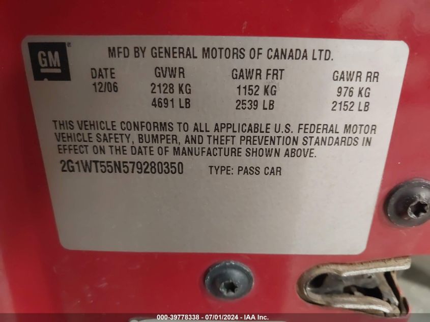 2007 Chevrolet Impala Lt VIN: 2G1WT55N579280350 Lot: 39778338