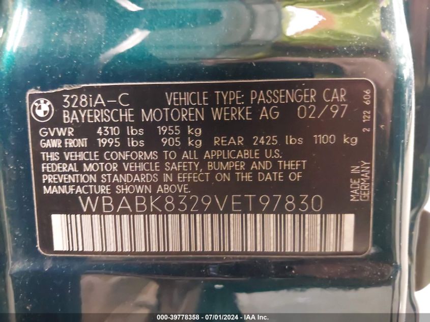 1997 BMW 328Ic VIN: WBABK8329VET97830 Lot: 39778358