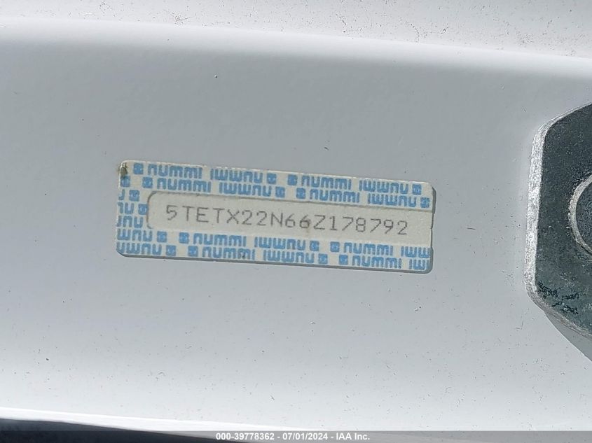 2006 Toyota Tacoma VIN: 5TETX22N66Z178792 Lot: 39778362