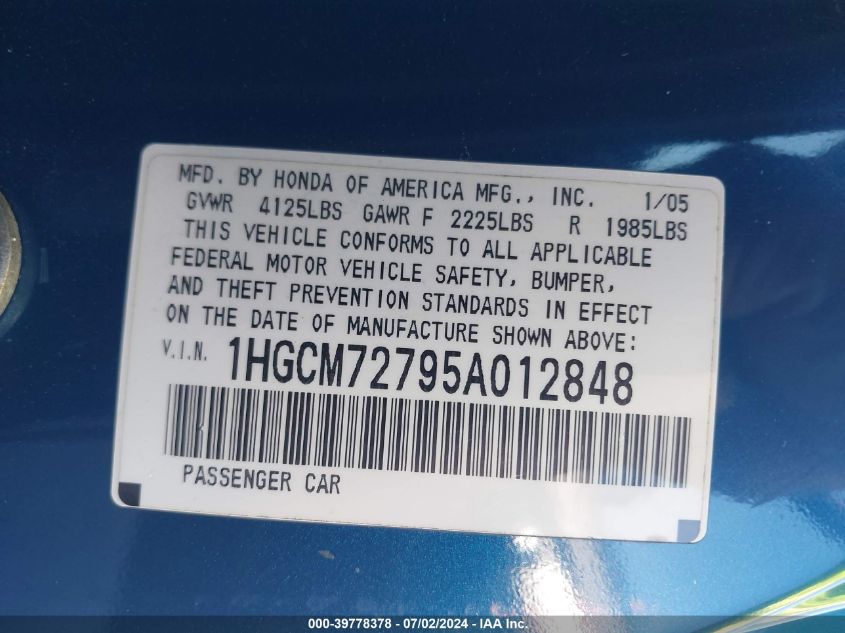 2005 Honda Accord Ex VIN: 1HGCM72795A012848 Lot: 39778378