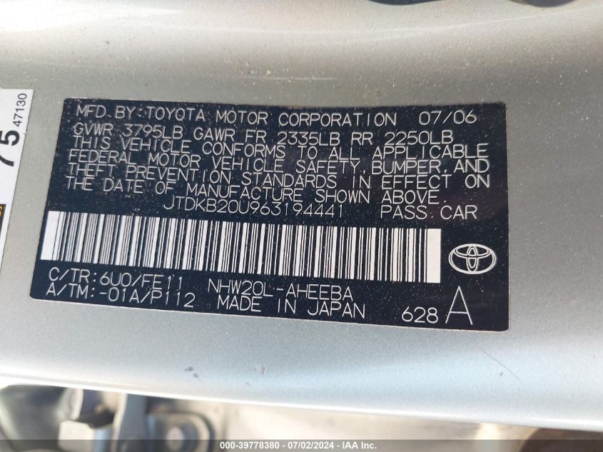 2006 Toyota Prius VIN: JTDKB20U963194441 Lot: 39778380