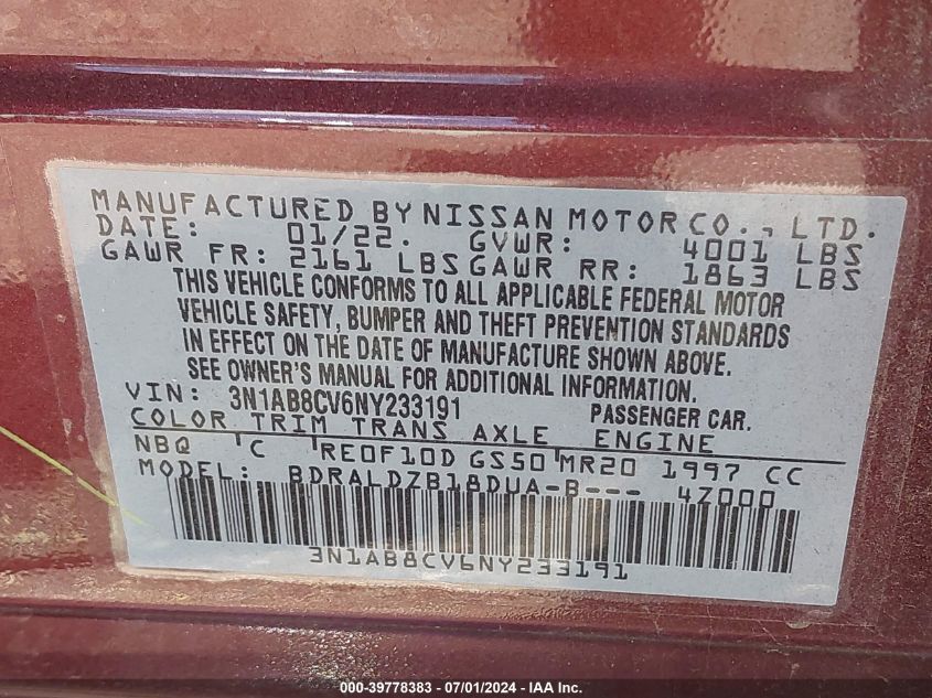 2022 Nissan Sentra Sv Xtronic Cvt VIN: 3N1AB8CV6NY233191 Lot: 39778383