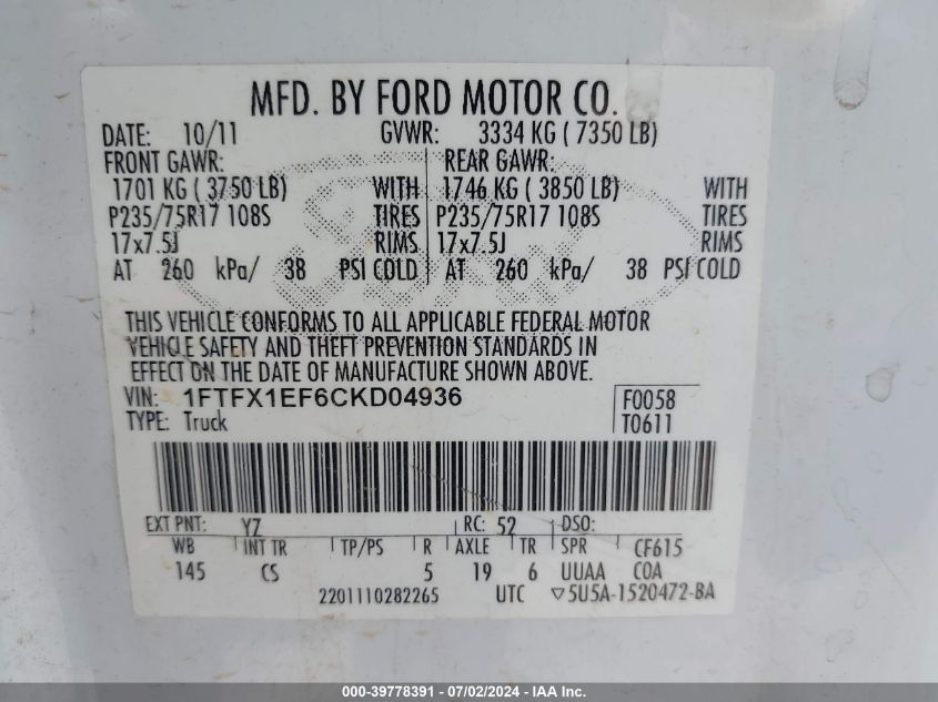 2012 Ford F-150 Xl VIN: 1FTFX1EF6CKD04936 Lot: 39778391