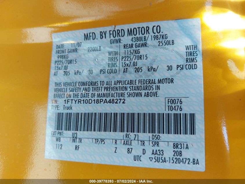 2008 Ford Ranger Xl/Xlt VIN: 1FTYR10D18PA48272 Lot: 39778393