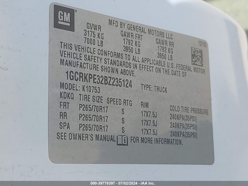 2011 Chevrolet Silverado 1500 Work Truck VIN: 1GCRKPE32BZ235124 Lot: 39778397