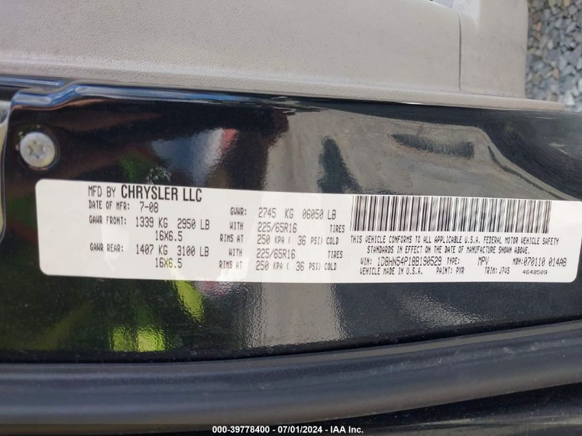 2008 Dodge Grand Caravan Sxt VIN: 1D8HN54P18B190529 Lot: 39778400