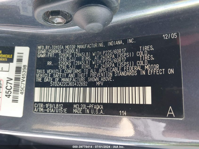 2006 Toyota Sienna Xle/Xle Limited VIN: 5TDZA22C36S432692 Lot: 39778414