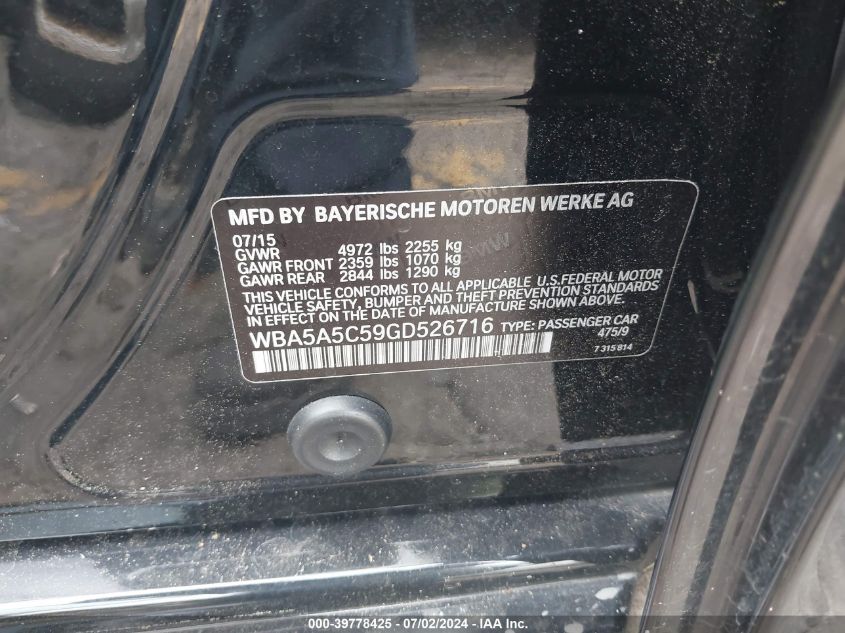 2016 BMW 528I I VIN: WBA5A5C59GD526716 Lot: 39778425