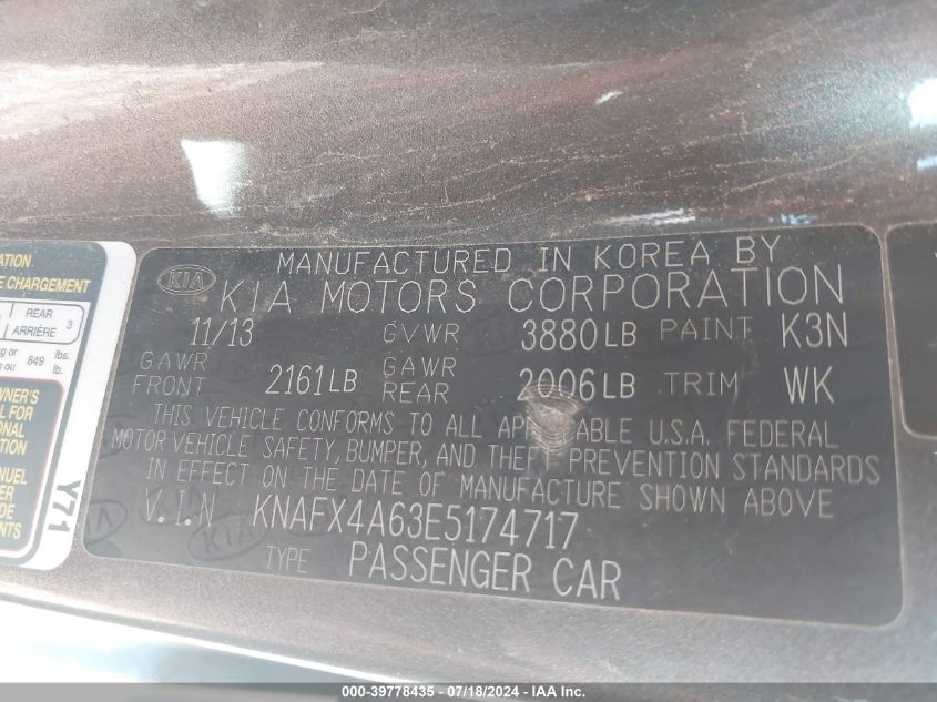 2014 Kia Forte Lx VIN: KNAFX4A63E5174717 Lot: 39778435