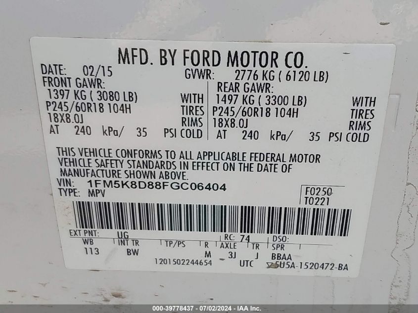 2015 Ford Explorer Xlt VIN: 1FM5K8D88FGC06404 Lot: 39778437